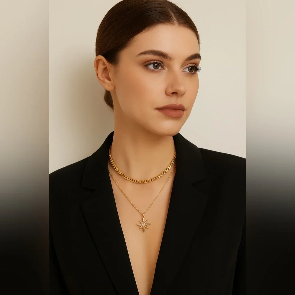 NEW 18K GOLD PLATED LUX SET “SOLÉA” – CUBAN + STARBURST PENDANT